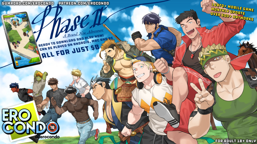 6+boys :p abs absurdres animal armor backwards_hat bara bardo_(ero_condo) bare_pectorals baseball_cap belt black_gloves black_hair black_pants black_shirt blonde_hair blue_eyes blue_hair blue_pants blue_shirt blue_sky bodysuit bracelet brown_eyes brown_hair brown_pants clone cloud cloudy_sky coach colored_skin covered_abs covered_nipples cropped_jacket da_thach_(kienbiu) dark-skinned_male dark_skin day earrings ero_condo everyone faceless faceless_male facial_hair fang_(ero_condo) freckle_(ero_condo) from_side gloves green_bodysuit green_hairband green_skin hair_through_headwear hairband hat headphones headphones_around_neck highres horse jacket japanese_clothes jewelry jumping kienbiu kimono large_pectorals looking_at_viewer male_focus multicolored_hair multiple_boys muscular muscular_male necklace nguyen_hoan_(ero_condo) nipples official_art open_clothes open_jacket open_mouth orange_hair outdoors pants pectorals police police_uniform promotional_art punt_(kienbiu) red_jacket red_skin running scar scar_on_arm scar_on_face scars_(ero_condo) see-through see-through_shirt sharp_teeth shirt short_hair shoulder_armor skin_tight sky sleeveless smile spiked_hair streaked_hair stubble_(ero_condo) suplex_(ero_condo) tank_top teeth tongue tongue_out torn_clothes torn_shirt tusk_(ero_condo) two-tone_hair undercut uniform v wey_(ero_condo) whistle whistle_around_neck white_hair white_shirt white_tank_top wristband
