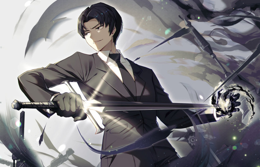 1boy asdf_(rokiru08) black_eyes black_fire black_gloves black_hair black_jacket black_necktie collared_shirt fire gloves grin highres holding holding_sword holding_weapon jacket library_of_ruina male_focus necktie parted_bangs parted_lips portal_(object) project_moon roland_(project_moon) shirt smile solo sword upper_body weapon white_shirt