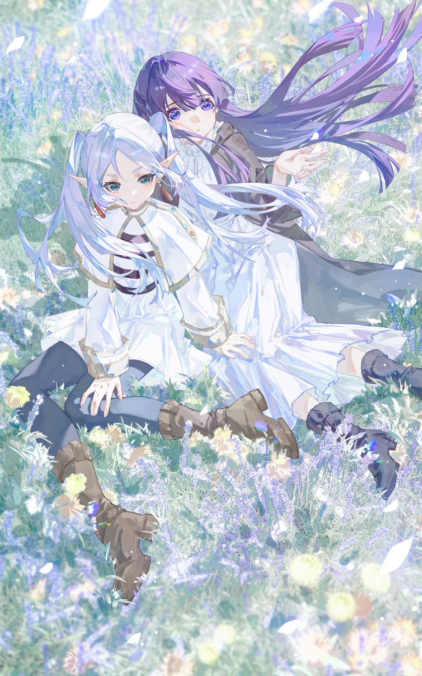 2girls absurdres black_footwear black_robe blue_pantyhose blunt_bangs boots capelet closed_mouth commentary_request dress drop_earrings earrings fern_(sousou_no_frieren) flower frieren grass green_eyes hand_on_another's_leg hand_on_own_leg hand_up highres jewelry long_dress long_hair long_sleeves looking_at_viewer multiple_girls on_grass outdoors pantyhose parted_bangs pointy_ears purple_eyes purple_hair robe sitting sousou_no_frieren straight_hair tuzhate twintails very_long_hair white_capelet white_dress white_hair wind yokozuwari