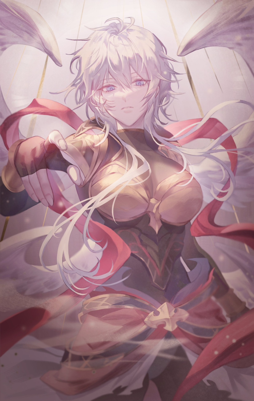 1girl absurdres ahoge armor armored_dress blue_eyes breasts cape commentary_request cowboy_shot expressionless feathered_wings fingerless_gloves genderswap genderswap_(mtf) gloves gold_trim granblue_fantasy highres korean_commentary large_breasts light_frown looking_at_viewer lucifer_(shingeki_no_bahamut) messy_hair multiple_wings pointing pointing_at_viewer red_ribbon ribbon shingeki_no_bahamut short_hair_with_long_locks shoulder_armor solo turtleneck white_cape white_hair white_wings wings