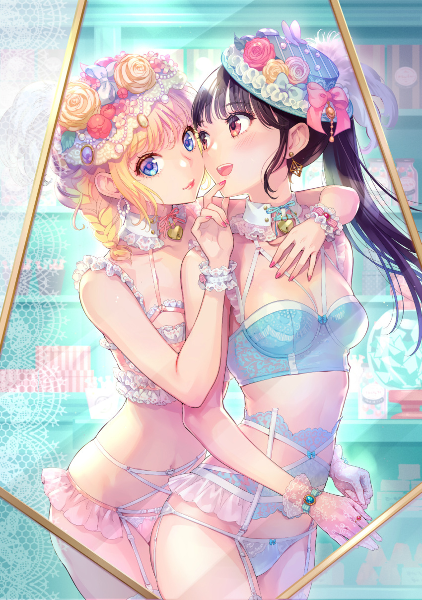 2girls artist_request black_hair blonde_hair blue_eyes braid breasts cleavage detached_collar earrings embroidered_gloves flower frills hair_flower hair_ornament hat heart_collar highres jewelry lingerie medium_breasts midriff multiple_girls nail_polish original ponytail red_eyes see-through_gloves tiara underwear