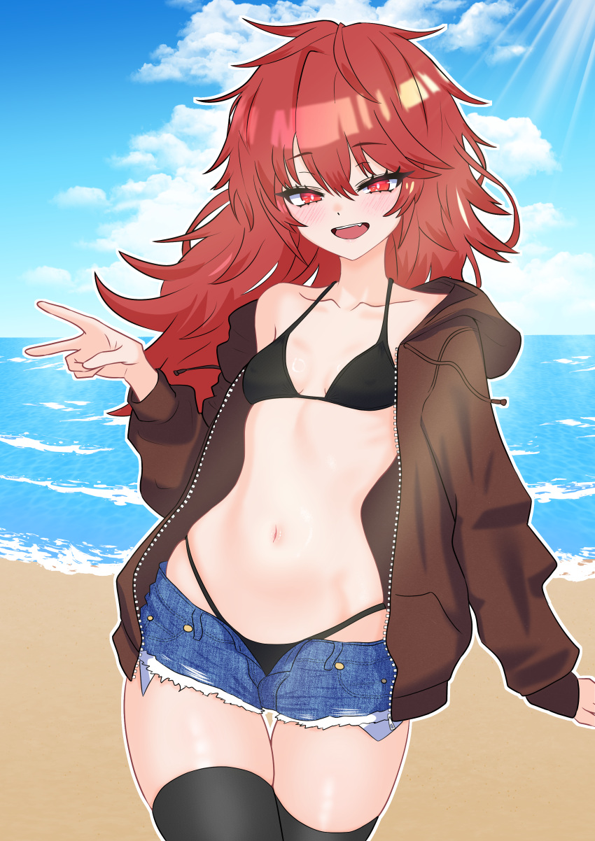 1girl absurdres beach bikini breasts denim denim_shorts duel_monster highres hiita_(yu-gi-oh!) hiita_the_fire_charmer jacket jacket_over_swimsuit long_hair navel oldsickkim open_clothes open_jacket open_mouth red_eyes red_hair short_shorts shorts solo stomach swimsuit thighhighs yu-gi-oh!