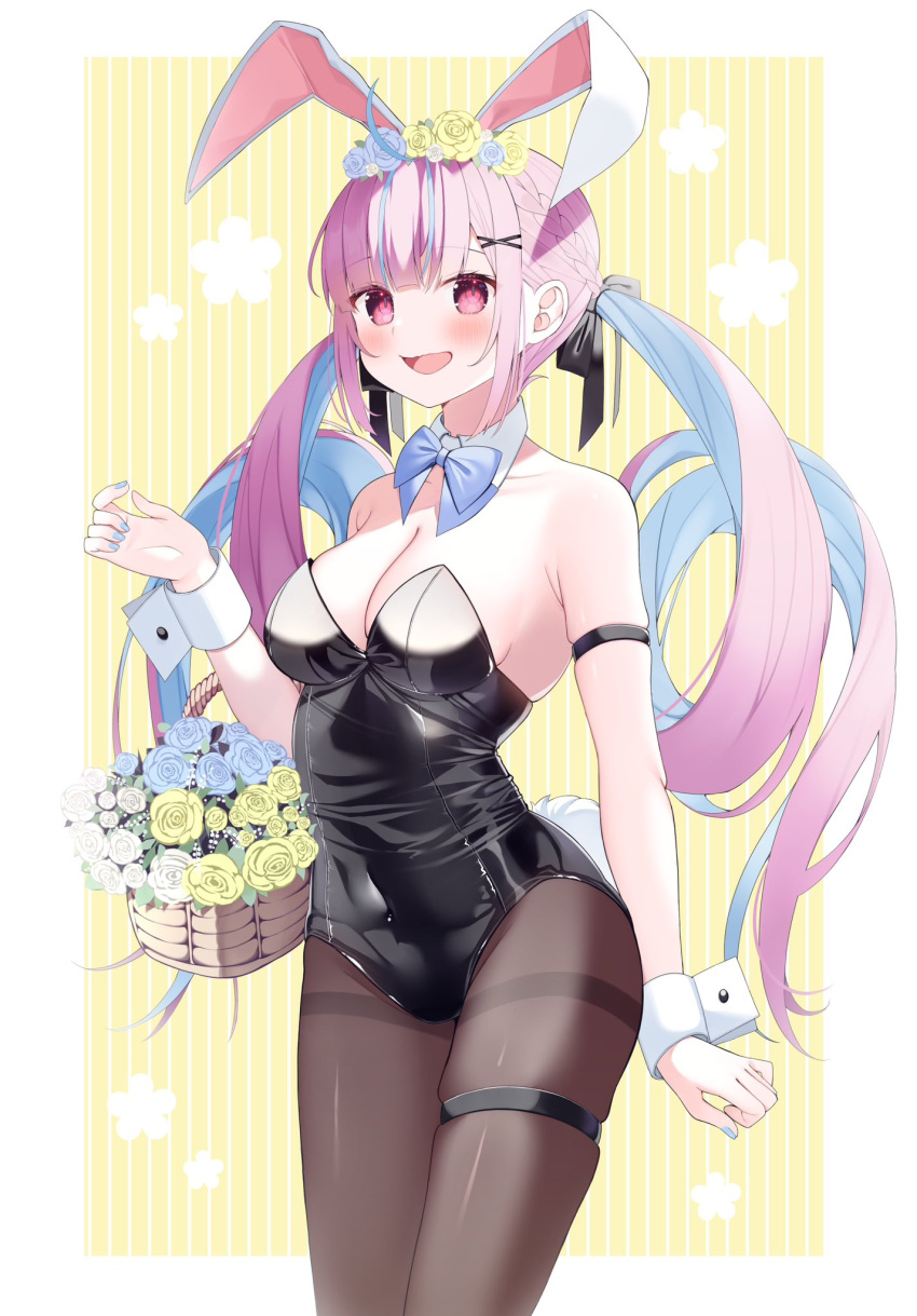 1girl animal_ears arm_strap bare_shoulders basket black_leotard blue_bow blue_bowtie blue_flower blue_hair blue_nails bow bowtie breasts cleavage colored_inner_hair detached_collar fake_animal_ears fake_tail flower hair_ornament highres holding holding_basket hololive large_breasts leotard long_hair looking_at_viewer minato_aqua multicolored_hair open_mouth pantyhose playboy_bunny purple_eyes purple_hair rabbit_ears rabbit_tail shokorate solo strapless strapless_leotard tail thigh_strap thighband_pantyhose twintails two-tone_hair virtual_youtuber wrist_cuffs x_hair_ornament yellow_flower