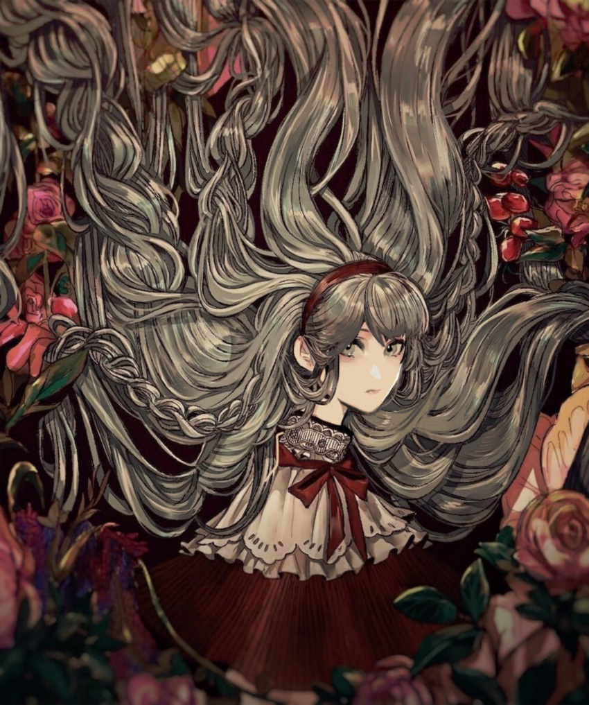 1girl absurdly_long_hair capelet closed_mouth commentary_request flower grey_eyes grey_hair hairband highres long_hair looking_at_viewer minai_mosa neck_ribbon original pink_flower pink_rose red_capelet red_ribbon ribbon rose solo upper_body very_long_hair