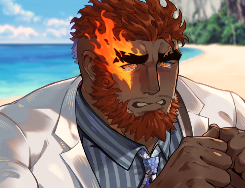 1boy bara beach beard dark-skinned_male dark_skin eyebrow_cut facial_hair flaming_eye full_beard hands_up hephaestus_(housamo) highres male_focus mature_male miha_yu1 mustache_stubble official_alternate_costume portrait red_eyes short_hair stubble suit tearing_up thick_beard thick_eyebrows tokyo_afterschool_summoners upper_body very_dark_skin