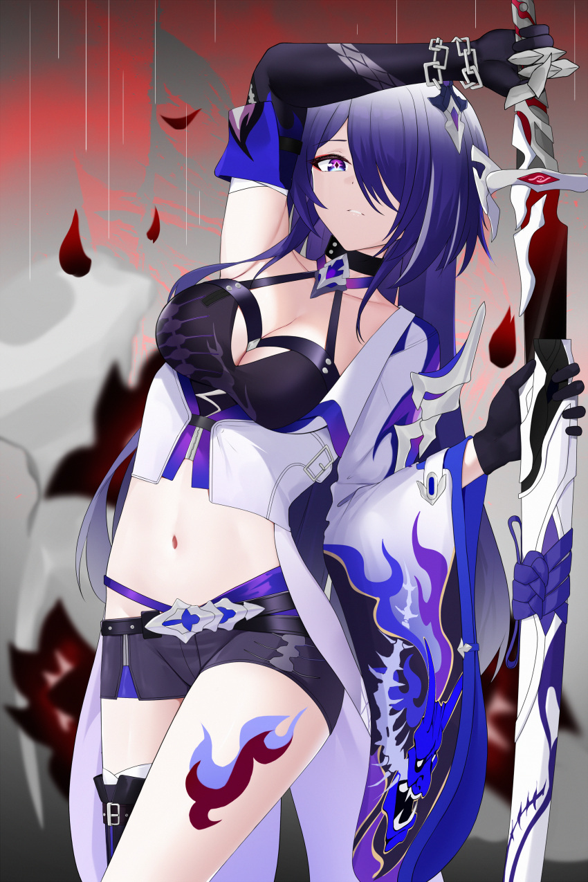 1girl absurdres acheron_(honkai:_star_rail) arm_up asymmetrical_gloves black_choker black_gloves black_shorts breasts chain choker cleavage coat commentary_request cowboy_shot elbow_gloves gloves halterneck highres holding holding_sword holding_weapon honkai:_star_rail honkai_(series) katana leg_tattoo looking_at_viewer medium_breasts midriff navel parted_lips petals purple_hair scabbard sheath short_shorts shorts single_bare_shoulder solo standing stomach sword tattoo thighs unsheathing weapon white_coat zerotwenty_(020)