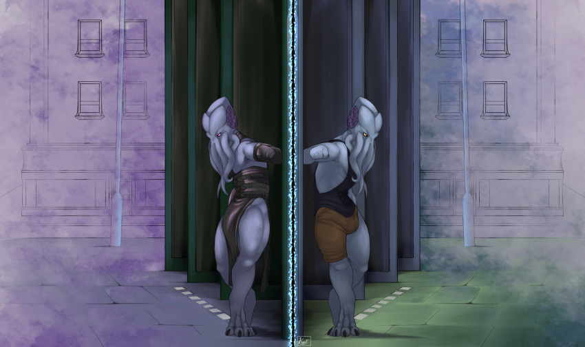 anthro balls bulge city clothed clothing genitals geno28_(artist) hi_res looking_at_viewer male mind_flayer pole reflection solo tagme tentacles topless watermark