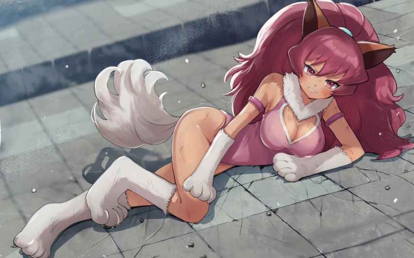 1girl animal_ears arm_strap breasts bruise cat_ears cat_tail cleavage cleavage_cutout clenched_hand clothing_cutout commission fang fire full_body heart_cutout injury leotard long_hair looking_at_viewer perisie_(star_ocean) pink_eyes pink_hair pink_leotard skeb_commission solo star_ocean star_ocean_first_departure tail tori_ririisu