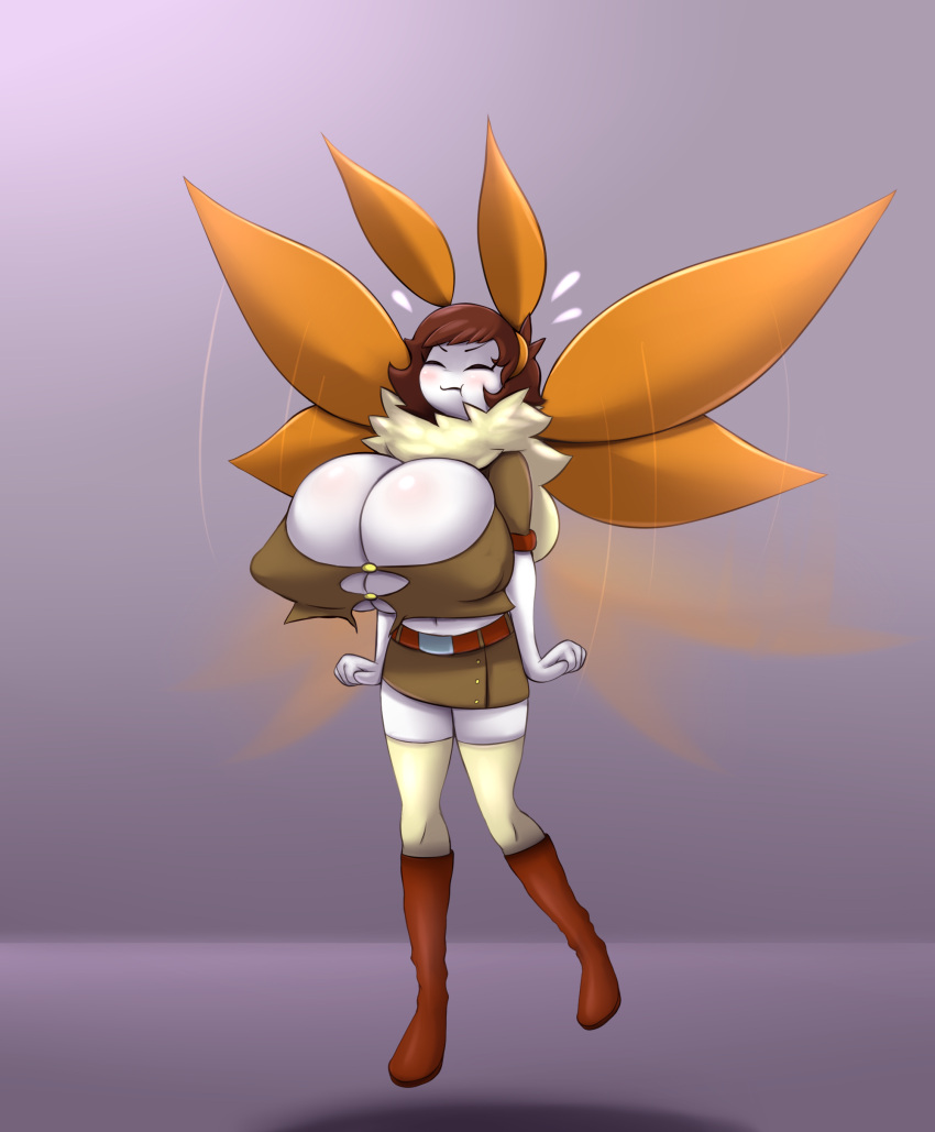 2019 absurd_res anthro arthropod belt big_breasts blush boots bottomwear breasts brown_boots brown_bottomwear brown_clothing brown_footwear brown_skirt brown_topwear charlotte_(ivelischpfuli) clothing digital_media_(artwork) elfdrago eyes_closed female flapping_wings footwear hair hi_res huge_breasts insect legwear lepidopteran moth navel neck_tuft orange_wings red_hair simple_background skirt solo stockings struggling tan_clothing tan_legwear tan_stockings topwear tuft white_body wings