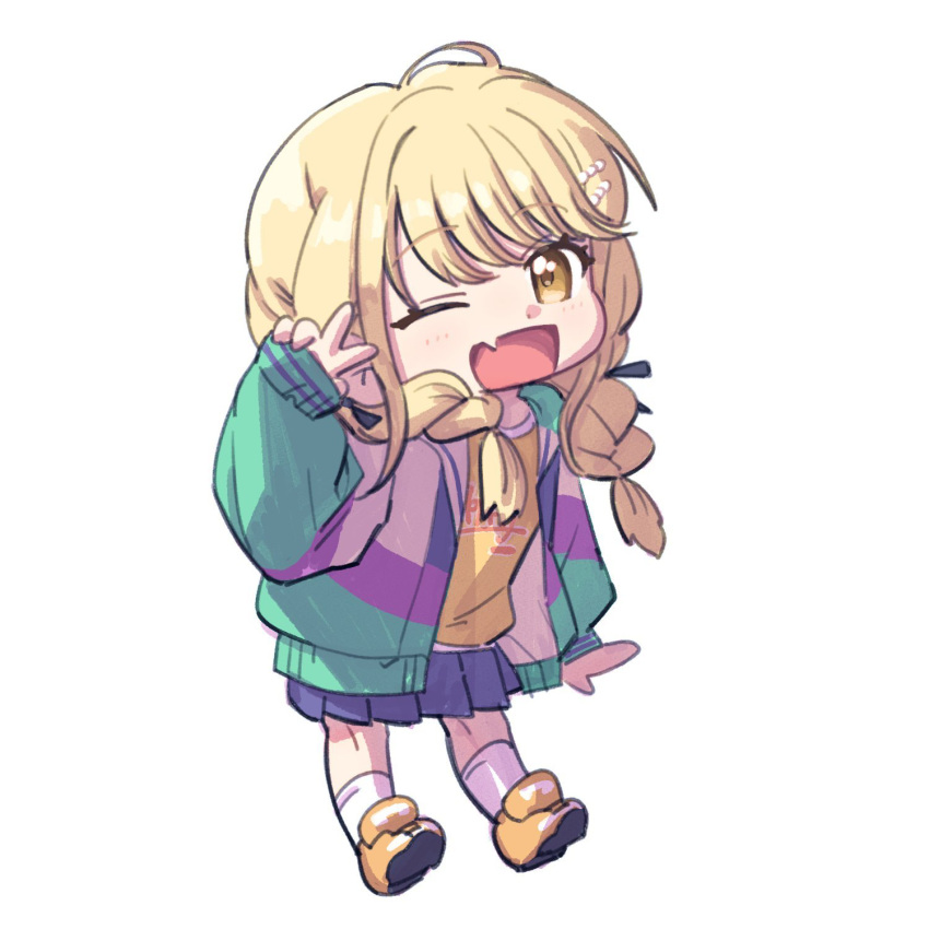 1girl ;d blonde_hair blue_skirt braid chibi chibi_only fang fujita_kotone full_body gakuen_idolmaster highres hobgoblin-kim idolmaster jacket looking_at_viewer multicolored_clothes multicolored_jacket one_eye_closed pleated_skirt shirt simple_background skin_fang skirt smile socks solo twin_braids v white_background white_socks yellow_shirt