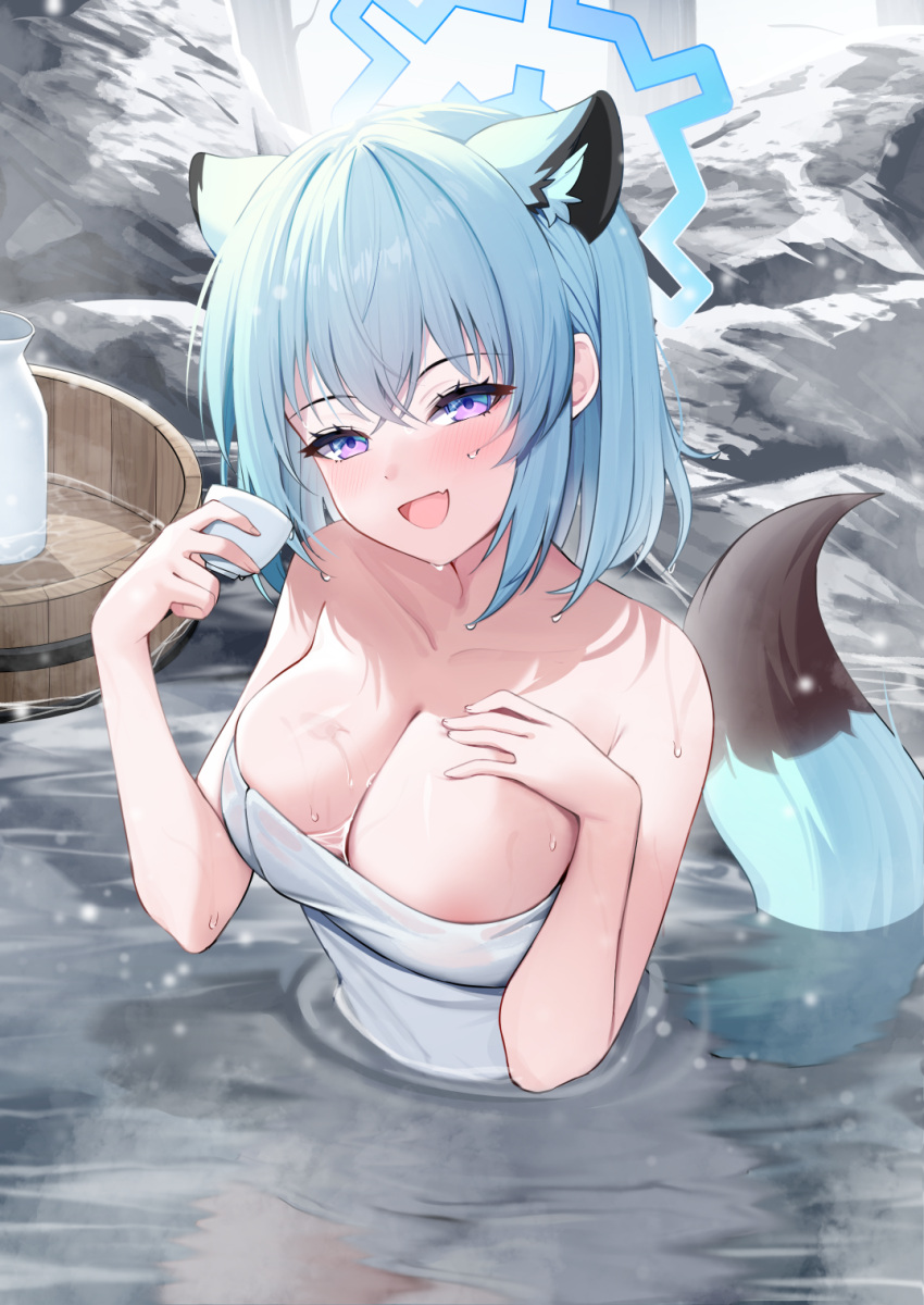 1girl animal_ears blue_archive blue_halo blush breasts cleavage collarbone cup extra_ears fang green_hair hair_between_eyes halo highres holding holding_cup large_breasts medium_hair naked_towel neko_lu_(wofud453) official_alternate_costume onsen open_mouth partially_submerged purple_eyes shigure_(blue_archive) shigure_(hot_spring)_(blue_archive) smile solo tail towel water weasel_ears weasel_tail white_towel