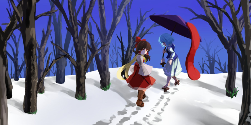 2girls bare_tree blue_hair blue_skirt blue_vest bow brown_hair commentary_request day dress footprints forest frilled_hair_tubes frills full_body garakuraku hair_bow hair_tubes hakurei_reimu highres holding holding_umbrella karakasa_obake long_hair long_sleeves looking_at_viewer looking_back multiple_girls nature open_mouth outdoors purple_umbrella red_bow red_dress red_eyes scarf shirt short_hair sidelocks skirt smile snow tatara_kogasa tongue touhou tree umbrella vest white_shirt white_sleeves yellow_scarf