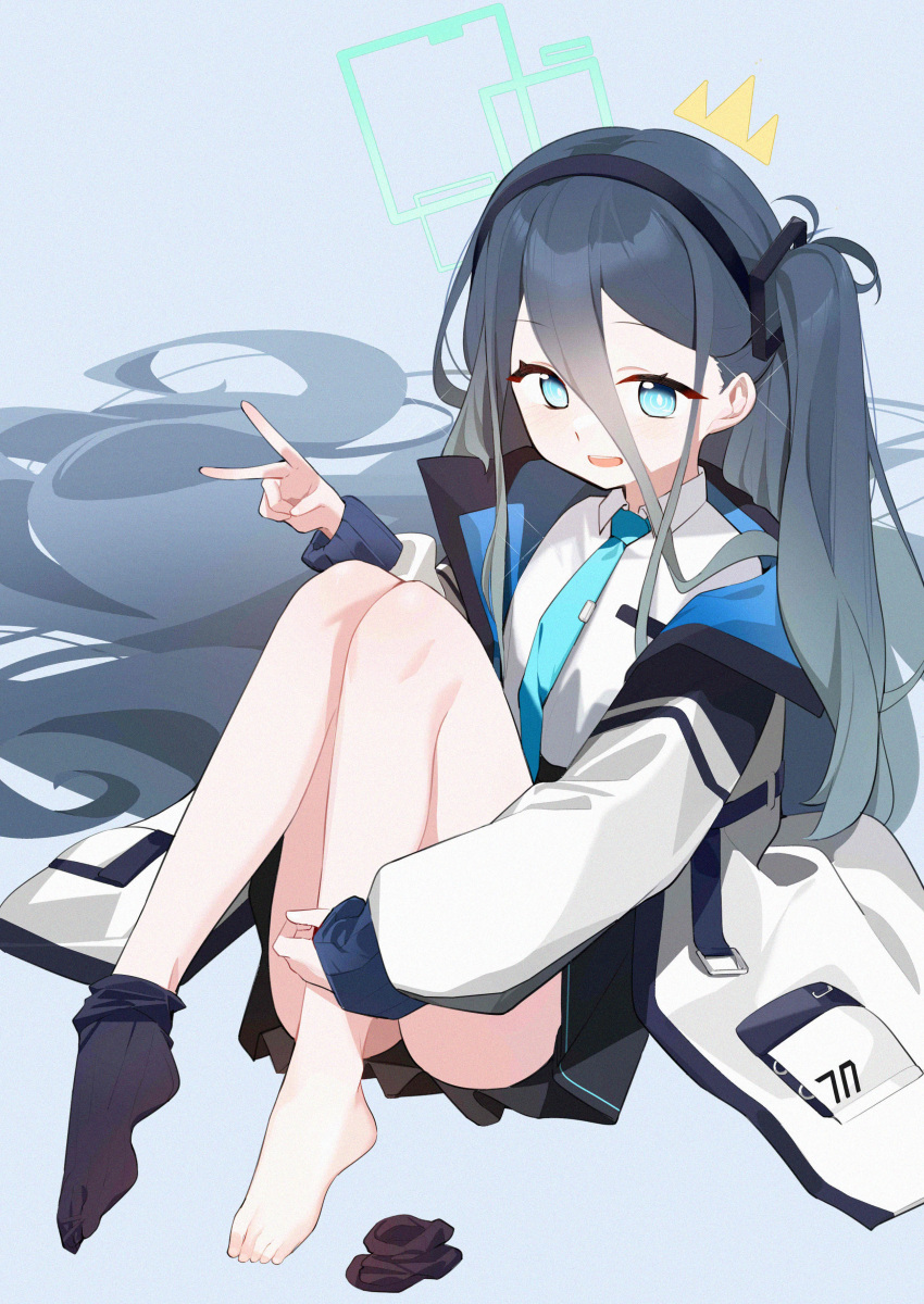 1girl absurdly_long_hair absurdres aris_(blue_archive) ass black_hair black_hairband black_skirt black_socks blue_archive blue_eyes blue_necktie blush collared_shirt green_halo hairband halo highres jacket long_hair long_sleeves looking_at_viewer necktie one_side_up open_clothes open_jacket open_mouth pleated_skirt shirt skirt smile socks solo toes v very_long_hair wako_(1194433260) white_jacket white_shirt
