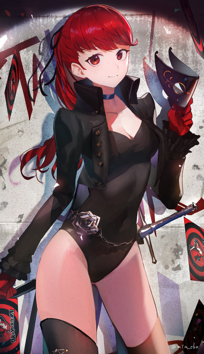 1girl black_jacket black_leotard black_mask breasts calling_card commentary_request gloves hair_ribbon highres holding holding_mask jacket leotard long_hair long_sleeves looking_at_viewer mask masquerade_mask mia_cbx persona persona_5 persona_5_the_royal ponytail red_eyes red_gloves red_hair ribbon smile solo thighhighs yoshizawa_kasumi