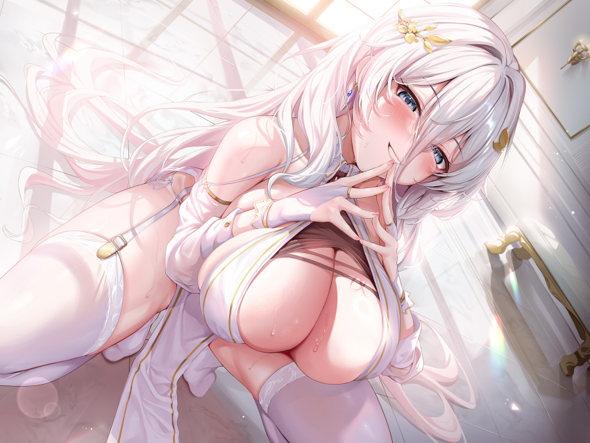 1girl blue_eyes blush breasts chair cleavage detached_sleeves dress dutch_angle fingerless_gloves gloves grin hair_between_eyes hair_ornament highres indoors kokuto_(kurousagi1210) large_breasts long_hair looking_at_viewer non-web_source original pelvic_curtain smile solo squatting sunlight thighhighs very_long_hair white_dress white_gloves white_hair white_thighhighs window