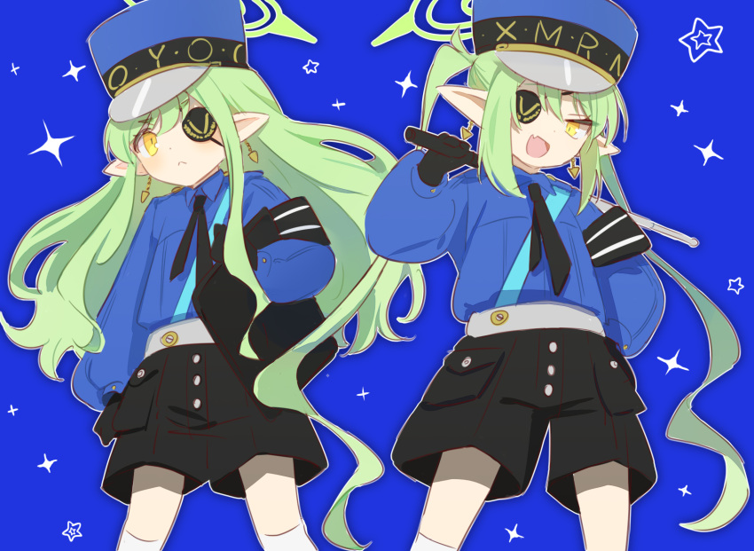 2girls black_gloves black_shorts blue_archive blue_background blue_hat blue_shirt closed_mouth collared_shirt earrings fang gloves green_hair green_halo halo hat highres jewelry long_hair long_sleeves multiple_girls open_mouth pointy_ears puffy_long_sleeves puffy_sleeves shirt shorts simple_background skin_fang smile socks twintails white_socks yellow_eyes zetaro