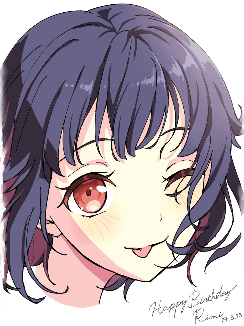 1girl ;p absurdres bang_dream! black_hair character_name close-up closed_mouth commentary cropped_head dated hair_flowing_over happy_birthday highres light_blush looking_at_viewer nobusawa_osamu one_eye_closed red_eyes short_hair sidelocks simple_background smile solo tongue tongue_out ushigome_rimi white_background