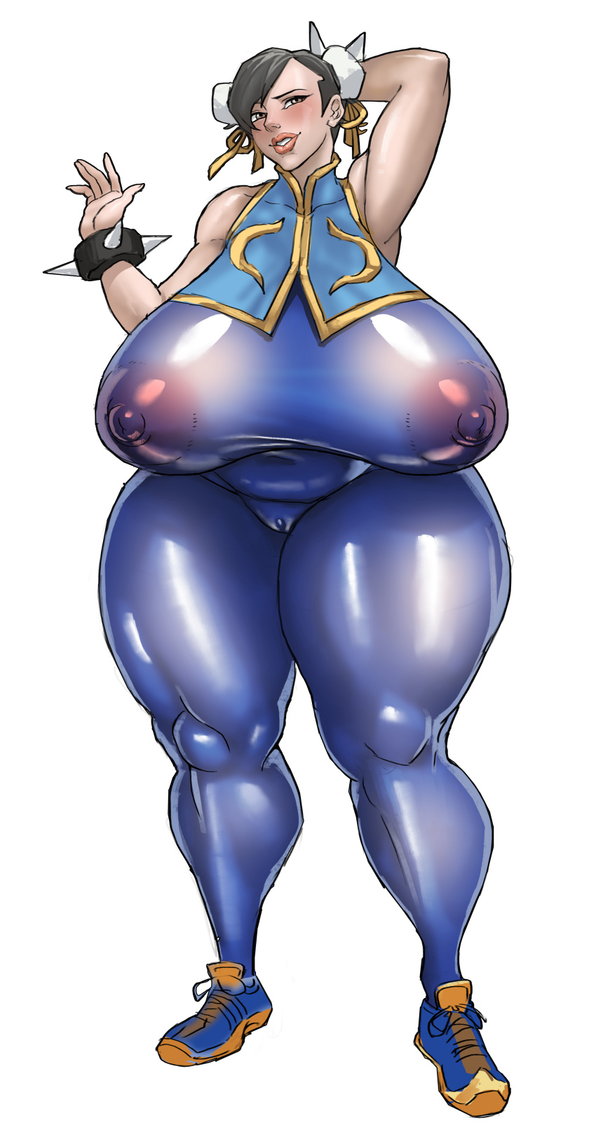 1girl absurdres alternate_breast_size arm_over_head armpits blush bodysuit breasts chinese_clothes chun-li covered_nipples curvy darksoul double_bun english_commentary gigantic_breasts hair_bun highres huge_breasts lips plump see-through shiny_clothes shoes street_fighter