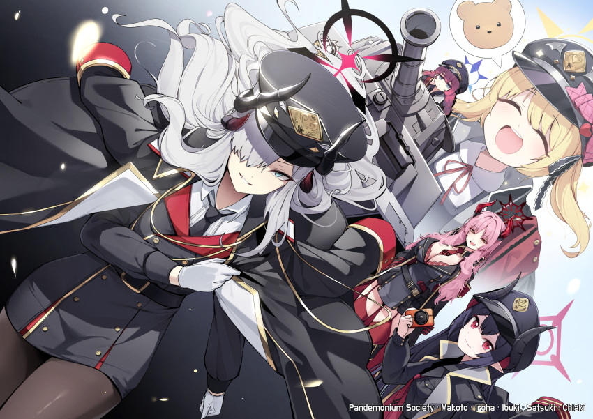 5girls belt black_belt black_coat black_hair black_hat black_horns black_necktie black_pantyhose blonde_hair blue_archive blue_eyes blue_halo blush bra breasts camera chiaki_(blue_archive) cleavage closed_eyes closed_mouth coat coat_on_shoulders collared_shirt ddangbi demon_horns gloves grey_eyes grey_hair grin hair_over_one_eye halo hat highres holding holding_camera horns ibuki_(blue_archive) iroha_(blue_archive) large_breasts long_hair long_sleeves makoto_(blue_archive) military_vehicle motor_vehicle multiple_girls multiple_horns necktie open_clothes open_coat open_mouth pandemonium_society_(blue_archive) pantyhose peaked_cap pink_hair pointy_ears red_bra red_eyes red_hair red_halo red_necktie satsuki_(blue_archive) shirt side_ponytail smile tank underwear white_gloves white_shirt yellow_eyes yellow_halo