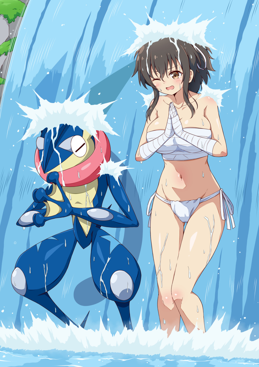 1girl absurdres ass_visible_through_thighs asuka_(senran_kagura) bandaged_arm bandaged_fingers bandaged_hand bandages black_hair blush body_blush breasts brown_eyes budget_sarashi chest_sarashi cleavage collarbone commission crossover eggman_(pixiv28975023) fundoshi greninja groin hair_ribbon highres japanese_clothes large_breasts long_tongue meditation moss navel one_eye_closed open_mouth outdoors own_hands_clasped own_hands_together panties pokemon pokemon_(creature) pokemon_xy ponytail ribbon river rock sarashi senran_kagura senran_kagura_shoujo-tachi_no_shin'ei shiny_skin short_hair short_ponytail side-tie_panties sidelocks skeb_commission splashing standing thigh_gap tongue tongue_scarf training underwear wading water waterfall waterfall_shower webbed_feet webbed_hands wet white_panties white_ribbon