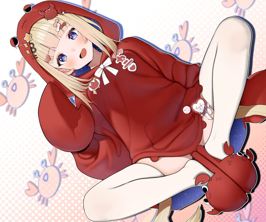 :d absurdres amanogawa_shiina amanogawa_shiina_(2nd_costume) animal_slippers blonde_hair blue_eyes blunt_bangs bow colored_inner_hair commission crab crab_claw full_body hair_ornament highres hood hoodie long_hair looking_at_viewer multicolored_hair panties phase_connect plain_222 red_hoodie red_panties sidelocks simple_background sitting skeb_commission slippers smile spread_legs thighhighs underwear wavy_mouth white_bow white_thighhighs