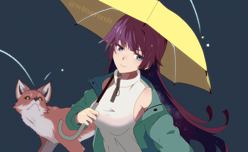 1girl armpit_crease blue_background blue_eyes blunt_ends breasts closed_mouth curly_hair eyelashes facing_viewer fooring fox green_jacket highres holding holding_umbrella jacket long_bangs long_hair long_sleeves looking_down looking_to_the_side low-cut_armhole monogatari_(series) off_shoulder open_clothes open_jacket purple_hair senjougahara_hitagi shirt sideboob sideways_glance sleeveless sleeveless_shirt smile star_(symbol) umbrella upper_body variant_set white_shirt yellow_umbrella