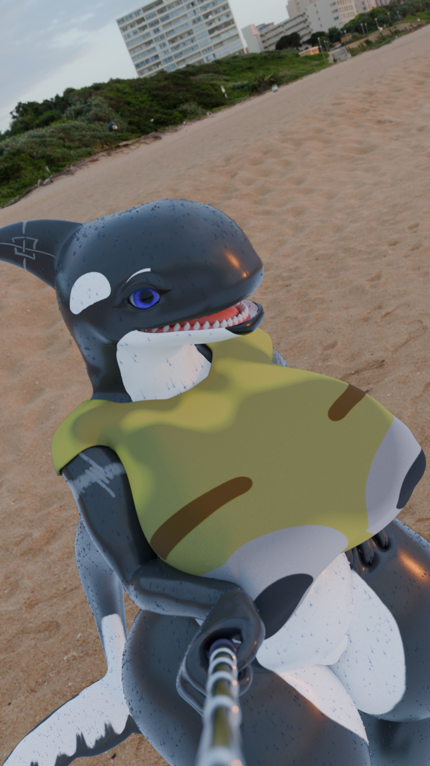 absurd_res anthro beach big_breasts bottomless breasts bulging_smiley_shirt_meme camel_toe cetacean clothed clothing dolphin female hi_res huge_breasts indane mammal marine meme meme_clothing oceanic_dolphin orca qanak scar scarification selfie selfie_stick solo toothed_whale wet wet_clothing wide_hips