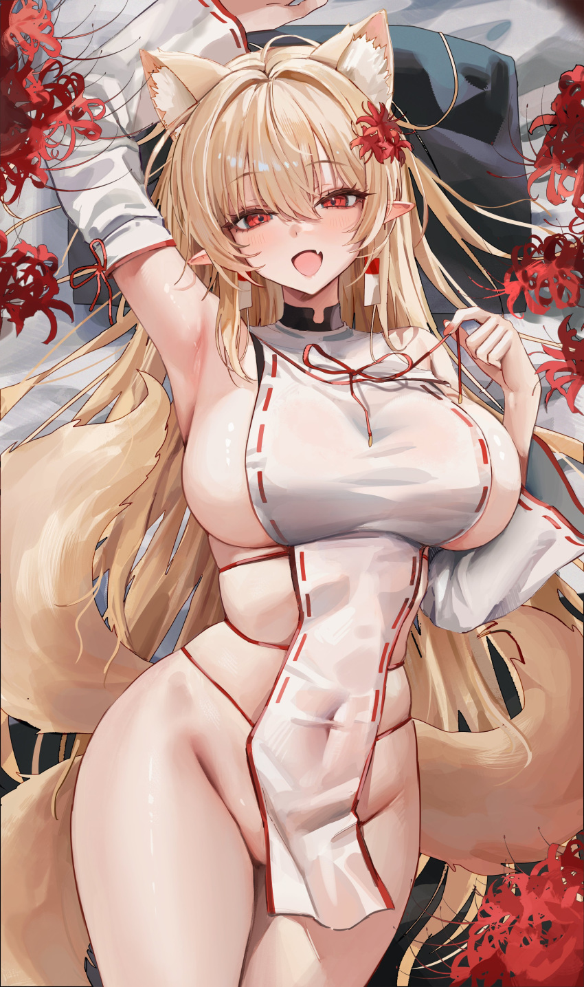 1girl absurdres animal_ears arm_up armpits bare_shoulders blonde_hair breasts commission covered_navel detached_sleeves dress extra_ears fang flower fox_ears fox_girl fox_tail gompang_11 hair_flower hair_ornament hand_up highres kitsune large_breasts long_hair long_sleeves looking_at_viewer lying multiple_tails no_panties on_back open_mouth original pelvic_curtain pillow pointy_ears red_eyes revealing_clothes short_dress sideboob sideless_outfit skindentation sleeveless sleeveless_dress smile solo spaghetti_strap spider_lily tail thighs very_long_hair white_dress wide_sleeves