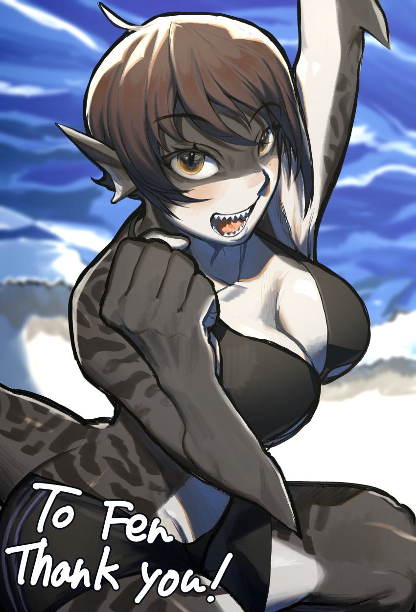 1girl absurdres arm_up beach bikini bikini_top_only black_shorts blue_background body_markings breasts brown_eyes brown_hair colored_skin commission fins fish_tail grey_skin hair_between_eyes hand_up head_fins highres large_breasts looking_at_viewer mametarotyan monster_girl multicolored_skin open_mouth original outdoors shark_girl shark_tail sharp_teeth shore short_hair short_shorts shorts sitting skeb_commission slit_pupils solo swimsuit tail teeth thank_you water white_skin