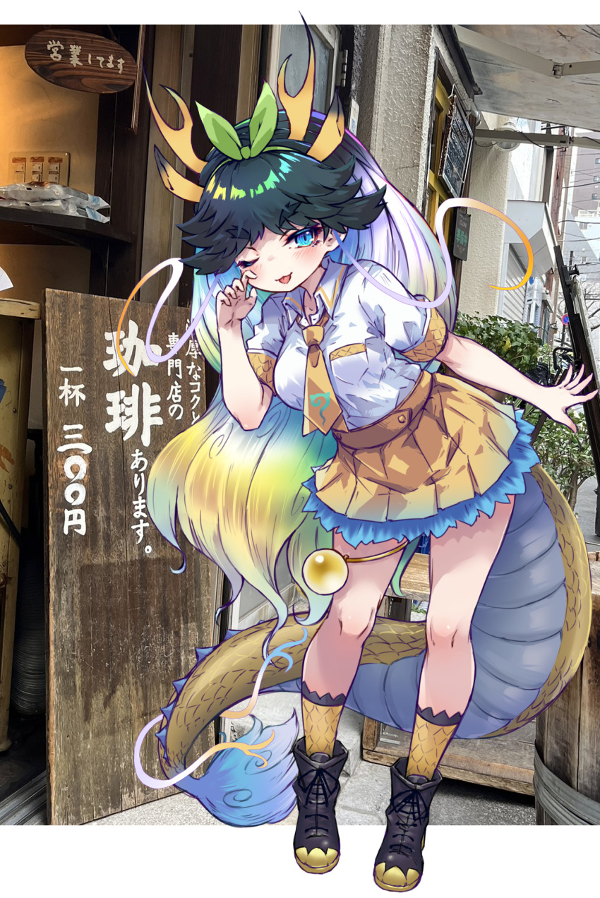 1girl :3 :p animal_ears black_footwear black_hair blonde_hair blue_eyes boots bow collared_shirt dragon_tail extra_ears frilled_skirt frilled_socks frills giraffe_ears giraffe_horns green_bow green_hair hair_bow highres horns japari_symbol kemono_friends kirin_(kemono_friends) kolshica letterboxed long_hair multicolored_hair necktie one_eye_closed photo_background pleated_skirt scales school_uniform shirt short_sleeves skirt socks solo standing tail thigh_strap tongue tongue_out translation_request white_hair white_shirt yellow_necktie yellow_skirt yellow_socks yellow_trim