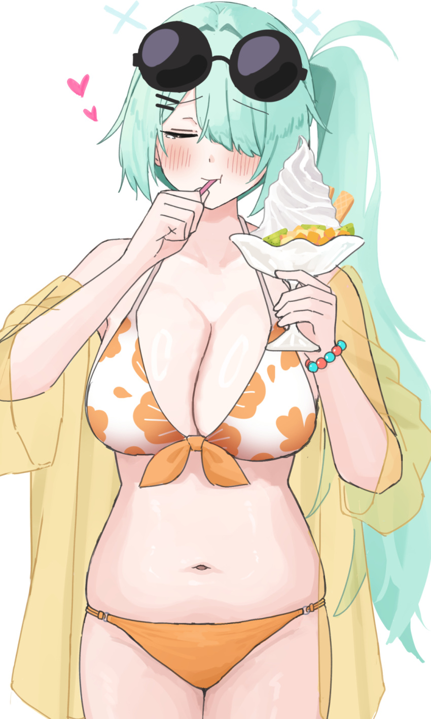 1girl bikini blue_archive blush breasts cleavage closed_eyes closed_mouth cowboy_shot eyewear_on_head food green_hair green_halo hair_over_one_eye halo heart highres hiyori_(blue_archive) hiyori_(swimsuit)_(blue_archive) large_breasts long_hair navel official_alternate_costume side_ponytail simple_background solo sunglasses swimsuit tsumayouji_(tumayog) white_background white_bikini