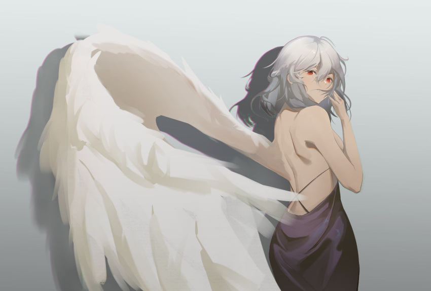 aleng backless_dress backless_outfit bare_shoulders bird_wings breasts commentary_request dress feathered_wings from_behind gradient_background grey_background grey_hair highres kishin_sagume looking_at_viewer looking_back medium_hair purple_dress red_eyes sideboob single_wing touhou white_wings wings