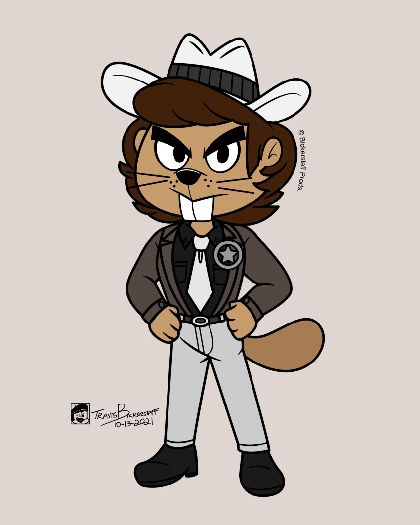 2021 absurd_res anthro badge beaver belt bickpixx black_clothing black_footwear black_nose bottomwear brown_body brown_face brown_fur brown_hair brown_tail buckteeth clothing cowboy_hat digital_drawing_(artwork) digital_media_(artwork) footwear frown full-length_portrait fur grey_bottomwear grey_clothing grey_pants hair hands_on_hips hat headgear headwear hector_rodriguez_(bickpixx) hi_res male mammal narrowed_eyes necktie pants portrait rodent signature solo tail tan_body tan_face tan_fur tan_tail teeth whiskers white_clothing white_hat white_headwear white_necktie