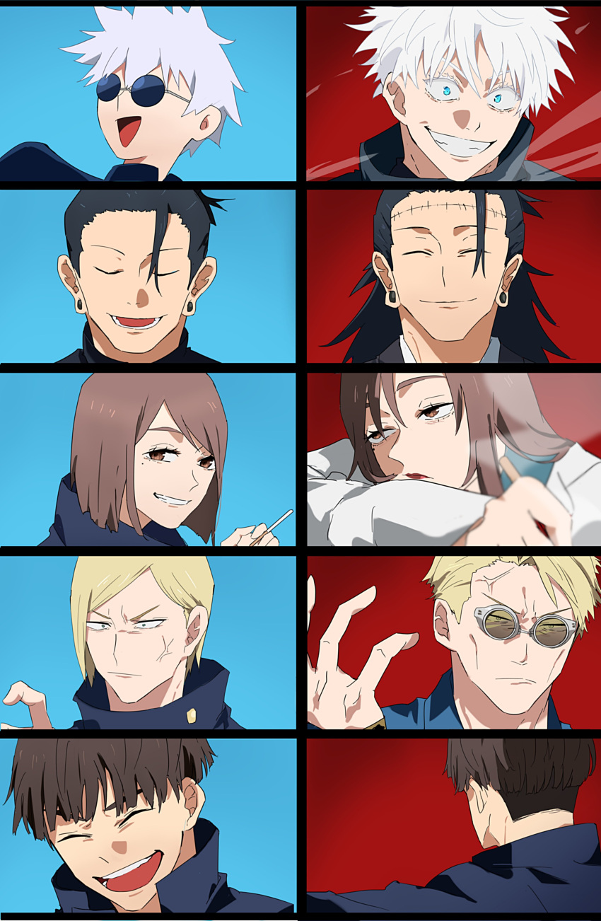 1girl 4boys :d absurdres age_comparison anger_vein angry black_hair blonde_hair blue_background blue_eyes brown_hair cigarette closed_eyes closed_mouth column_lineup derinjaaaaaa earrings from_behind frown getou_suguru getou_suguru_(kenjaku) goggles gojou_satoru grin hair_bun hand_up head_on_arm head_rest highres holding holding_cigarette ieiri_shoko ino_takuma jewelry jujutsu_kaisen long_hair looking_ahead looking_at_viewer loose_hair_strand medium_hair mole mole_under_eye multiple_boys nanami_kento open_mouth red_background red_lips round_eyewear short_hair simple_background smile spiked_hair stud_earrings sunglasses teeth tongue undercut upper_teeth_only white_eyelashes white_hair