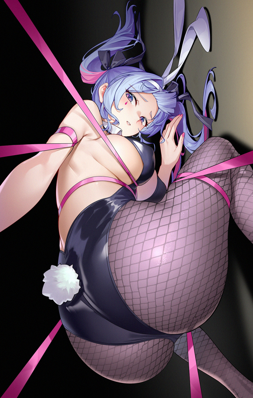 1girl all_fours animal_ears arm_strap ass back backless_leotard bare_shoulders black_leotard breasts brown_pantyhose detached_collar facial_mark fake_animal_ears fake_tail fishnet_pantyhose fishnets from_behind grin hatsune_miku highres leotard long_hair looking_at_viewer looking_back multicolored_hair nail_polish pantyhose pink_eyes pink_hair pink_nails pink_ribbon playboy_bunny purple_hair rabbit_ears rabbit_hole_(vocaloid) rabbit_tail ribbon sideboob skindentation smile solo spaghetti_strap tail teardrop_facial_mark thighs twintails two-tone_hair vocaloid yin_lan_xue