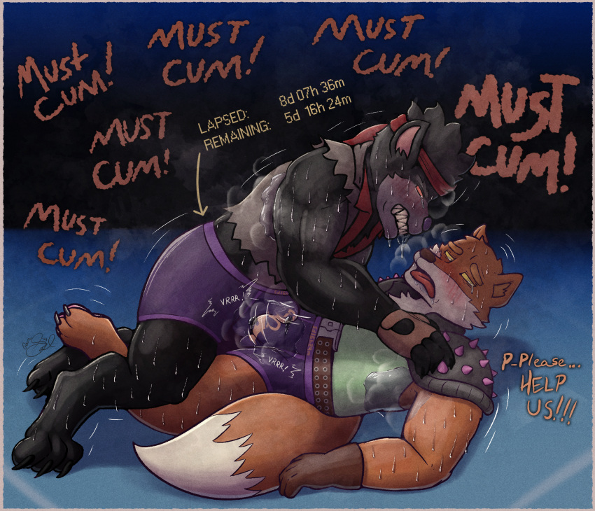 accessory anthro asking_for_help automatic_edging bdsm belt black_body black_fur blue_border blush bodily_fluids border bulge bulge_frottage canid canine canis chastity_cage chastity_device clothed clothing crying desperation dire_(fortnite) dominant dominant_male drooling duo edging edging_timer english_text epic_games excessive_genital_fluids excessive_precum excessive_sweat fennix_(fortnite) forced forced_edging fortnite fox frottage frustrated fur genital_fluids grey_body grey_fur headband hi_res holding_down jacket lock_symbol looking_at_viewer male male/male mammal mind_break motion_lines musk musk_clouds mythological_canine mythological_creature mythology null_bulge onomatopoeia orange_body orange_fur penile poorsal precum red_eyes red_fox saliva sex sex_toy sexual_frustration shaking sound_effects stained_clothing stuttering submissive submissive_male sweat sweaty_armpit tears text time timer topwear trembling true_fox unchastity underwear vibrating were werecanid werecanine werewolf wolf yellow_eyes
