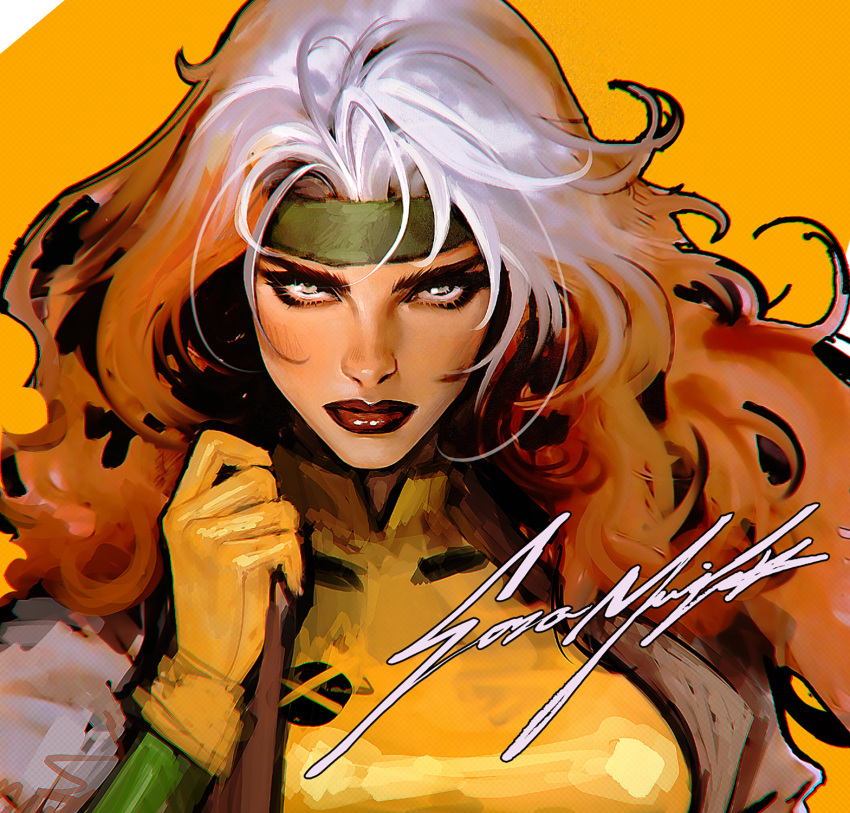 brown_jacket gloves green_eyes headband high_collar highres holding holding_clothes holding_jacket jacket lipstick makeup marvel marvel_vs._capcom rogue_(x-men) serious shirt signature simple_background sozomaika standing unfinished x-men yellow_shirt