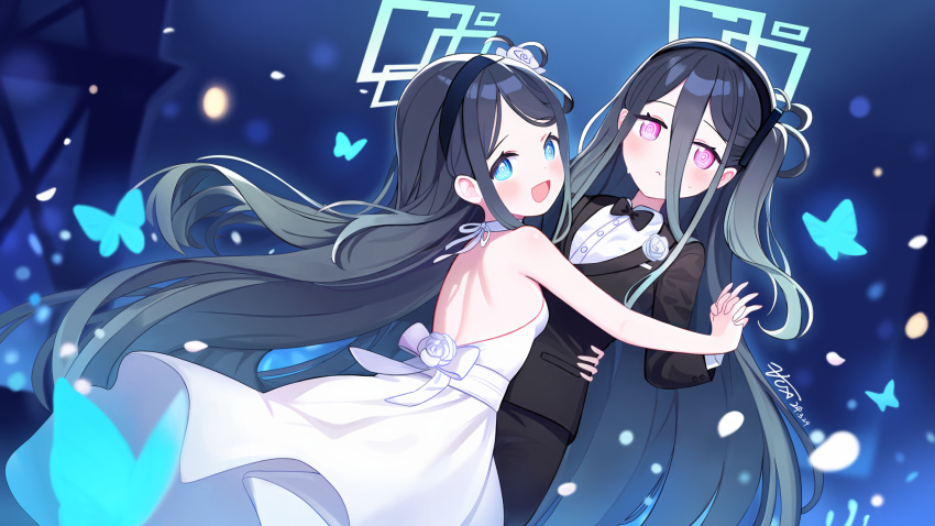 &lt;key&gt;_(blue_archive) 2girls absurdly_long_hair aris_(blue_archive) black_hair black_hairband black_pants blue_archive blue_eyes blush breasts buttons choker closed_mouth collared_shirt dated dress green_halo hairband halo highres long_hair long_sleeves multiple_girls open_mouth pants red_eyes ringed_eyes shirt signature small_breasts smile very_long_hair white_choker white_dress white_shirt zcx