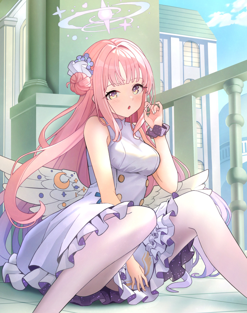 1girl absurdres angel_wings ass blue_archive blush breasts crescent crescent_pin dress feathered_wings feet_out_of_frame flower frilled_dress frills hair_bun hair_flower hair_ornament halo highres large_breasts long_hair looking_at_viewer mika_(blue_archive) nomio open_mouth pantyhose pink_hair pink_halo purple_flower purple_scrunchie scrunchie single_side_bun solo white_dress white_pantyhose white_wings wings wrist_scrunchie yellow_eyes