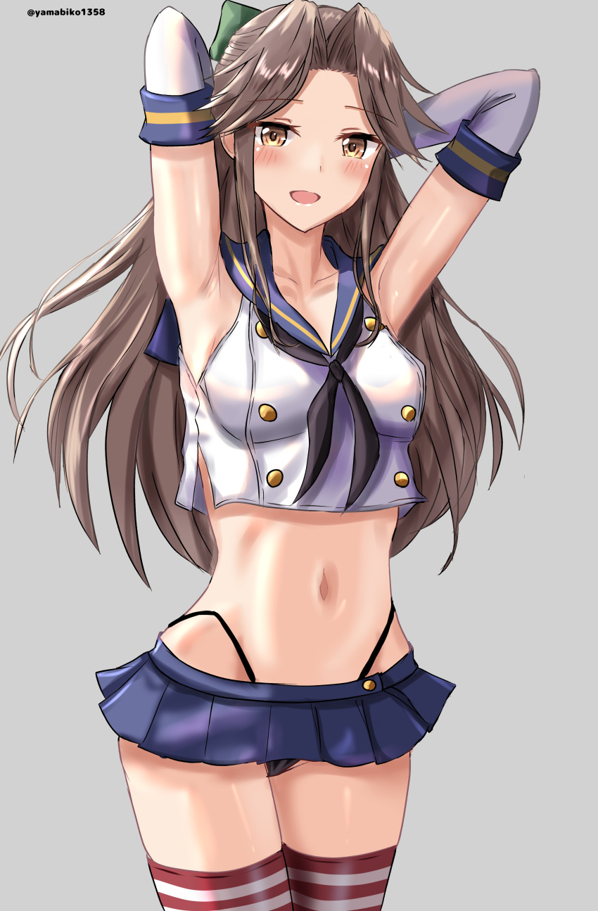 1girl absurdres black_hairband black_neckerchief black_panties blue_sailor_collar blue_skirt blush breasts brown_eyes brown_hair cosplay crop_top elbow_gloves gloves grey_background hair_bun hairband highleg highleg_panties highres jintsuu_(kancolle) kantai_collection long_hair looking_at_viewer microskirt mizuki_(uzuki_no_sato) navel neckerchief open_mouth panties ribbon sailor_collar school_uniform serafuku shimakaze_(kancolle) shimakaze_(kancolle)_(cosplay) skirt small_breasts smile solo striped_clothes striped_thighhighs thighhighs thong twitter_username underwear white_gloves