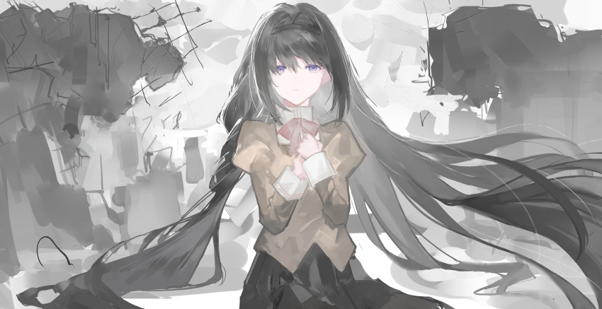 1girl absurdres akemi_homura black_hair black_hairband black_skirt bow bowtie brown_jacket collared_jacket cowboy_shot expressionless hair_down hair_intakes hairband hands_on_own_chest hands_up highres jacket juliet_sleeves long_hair long_sleeves mahou_shoujo_madoka_magica mahou_shoujo_madoka_magica_(anime) mitakihara_school_uniform outdoors own_hands_together puffy_sleeves purple_eyes red_bow red_bowtie rubble ruins school_uniform sitting skirt solo yisi_ww