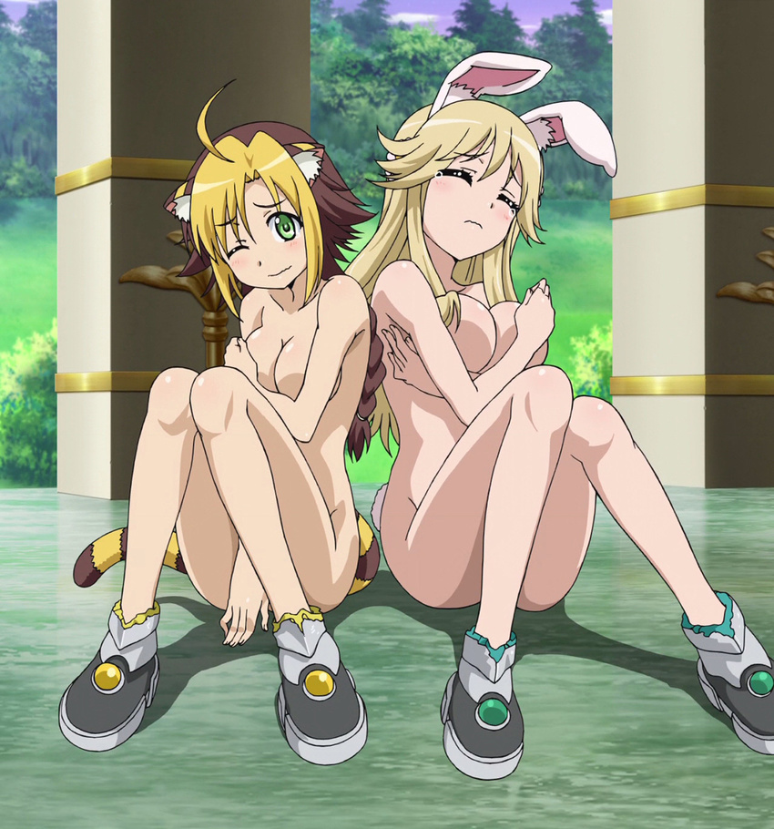 animal_ears brown_hair bunny_ears bunny_tail cat_ears closed_eyes convenient_censoring covering covering_breasts covering_crotch dog_days green_eyes hair_censor hair_over_breasts highres jaune_clafoutis long_hair long_legs multicolored_hair multiple_girls non-web_source nude one_eye_closed screencap shoes stitched tail tears third-party_edit torn_clothes two-tone_hair vert_farbreton