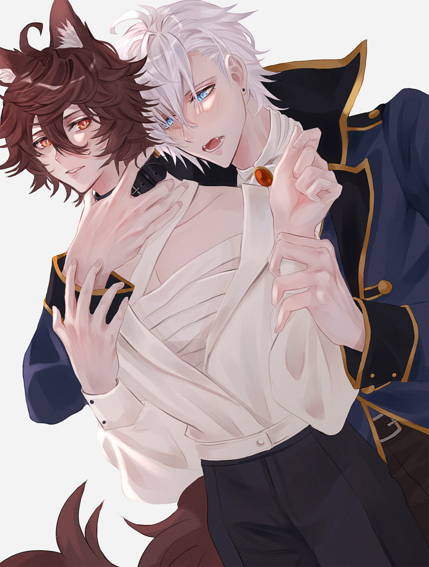 2boys ahoge alternate_costume alternate_hairstyle animal_collar animal_ears bandaged_chest bishounen black_collar blue_eyes blush brown_hair collar commentary commentary_request cowboy_shot fangs granblue_fantasy hair_between_eyes halloween_costume hand_on_another's_arm hand_on_another's_neck highres kakaki_28 kemonomimi_mode looking_at_another lucifer_(shingeki_no_bahamut) male_focus messy_hair multiple_boys parted_bangs partially_undressed popped_collar red_eyes sandalphon_(granblue_fantasy) shirt short_hair tail vampire vampire_costume werewolf werewolf_costume white_background white_hair white_shirt wolf_ears wolf_tail yaoi