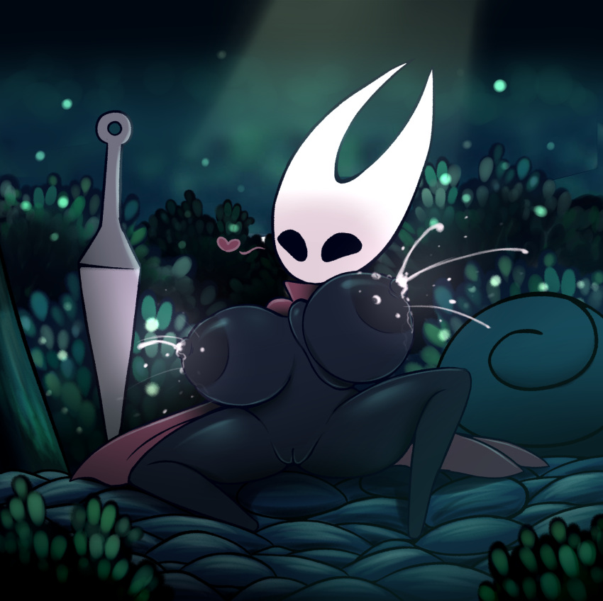2019 anthro areola arthropod big_breasts black_areola black_body black_nipples bodily_fluids breasts cloak clothing digital_media_(artwork) elfdrago female genitals heart_symbol hi_res holding_breast hollow_knight hornet_(hollow_knight) lactating mask nail_(weapon) nipples pussy red_cloak red_clothing smile solo team_cherry wearing_mask white_mask