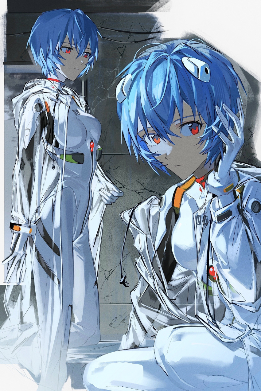 1girl absurdres ayanami_rei blue_hair breasts closed_mouth crack cracked_wall expressionless gloves hair_between_eyes hand_on_own_head hand_up highres interface_headset looking_at_viewer multiple_views neon_genesis_evangelion pilot_suit plugsuit raincoat red_eyes short_hair small_breasts solo squatting standing tokeru transparent_raincoat white_gloves