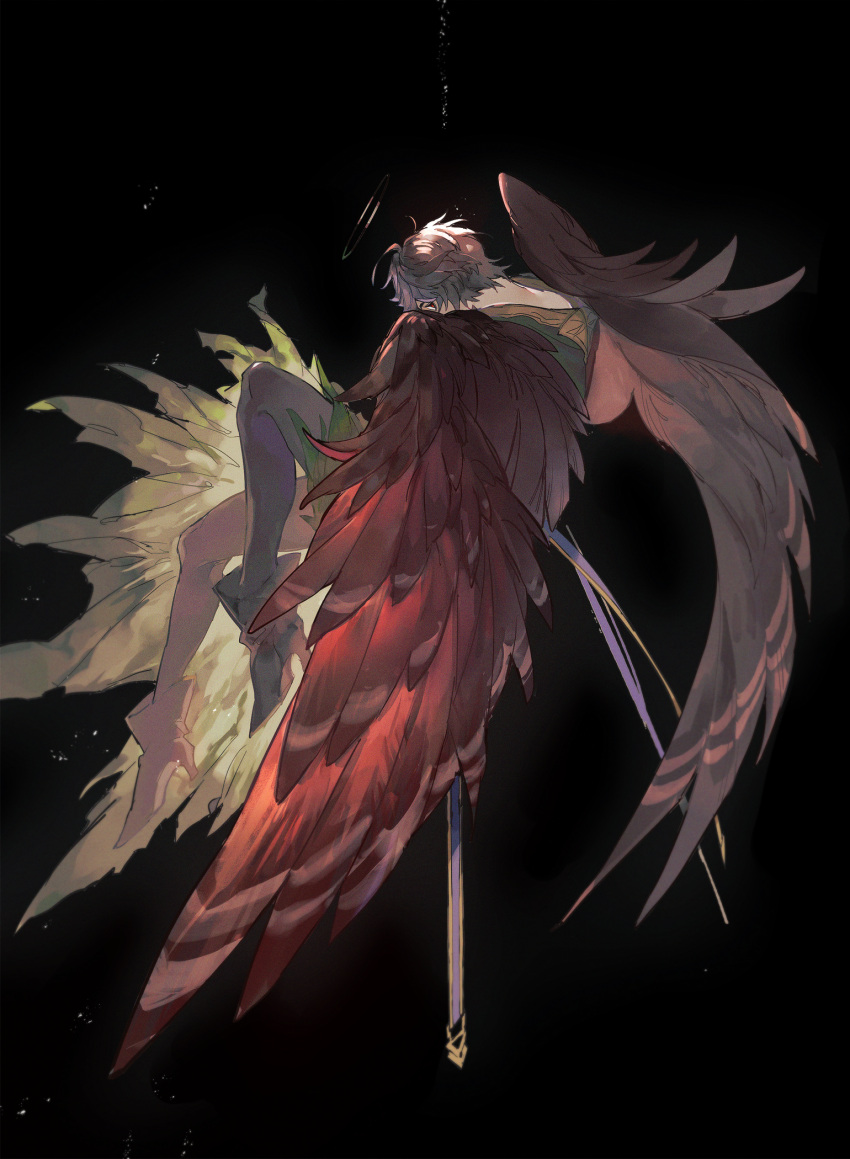 1boy ahoge belt bishounen black_background blue_belt boots brown_hair brown_wings cape commentary commentary_request feathered_wings floating granblue_fantasy green_cape high_heel_boots high_heels highres hrmnmach knees_up looking_down male_focus pants sandalphon_(granblue_fantasy) short_hair sitting solo_focus tight_clothes tight_pants wings