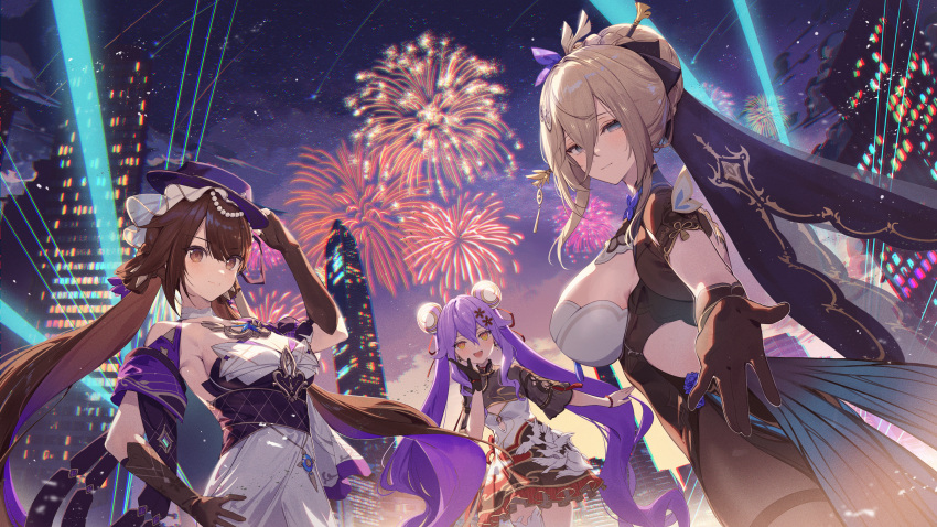 3girls absurdres aponia_(honkai_impact) armpits bare_shoulders black_gloves black_pantyhose breasts brown_eyes brown_hair closed_mouth double_bun dress fingerless_gloves fireworks gloves grey_eyes hair_between_eyes hair_bun hand_on_own_hip highres honkai_(series) honkai_impact_3rd large_breasts li_sushang light_brown_hair looking_at_viewer medium_breasts mole mole_under_eye multiple_girls necomi night night_sky open_mouth outdoors pantyhose purple_hair purple_hat short_sleeves sidelocks sirin sky sleeveless small_breasts smile thighband_pantyhose twintails white_dress