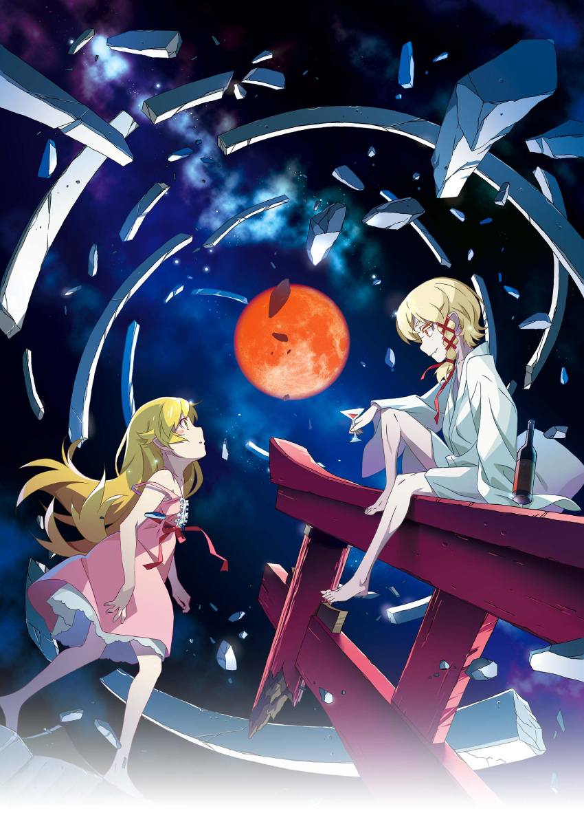 2girls absurdres ad alcohol barefoot blonde_hair bottle bow bowtie crumbling deathtopia_virtuoso_suicide-master dress hair_ribbon highres long_hair monogatari_(series) moon multiple_girls night night_sky oshino_shinobu oversized_clothes pink_dress ribbon sky textless_version watanabe_akio watanabe_akio_(style) wine