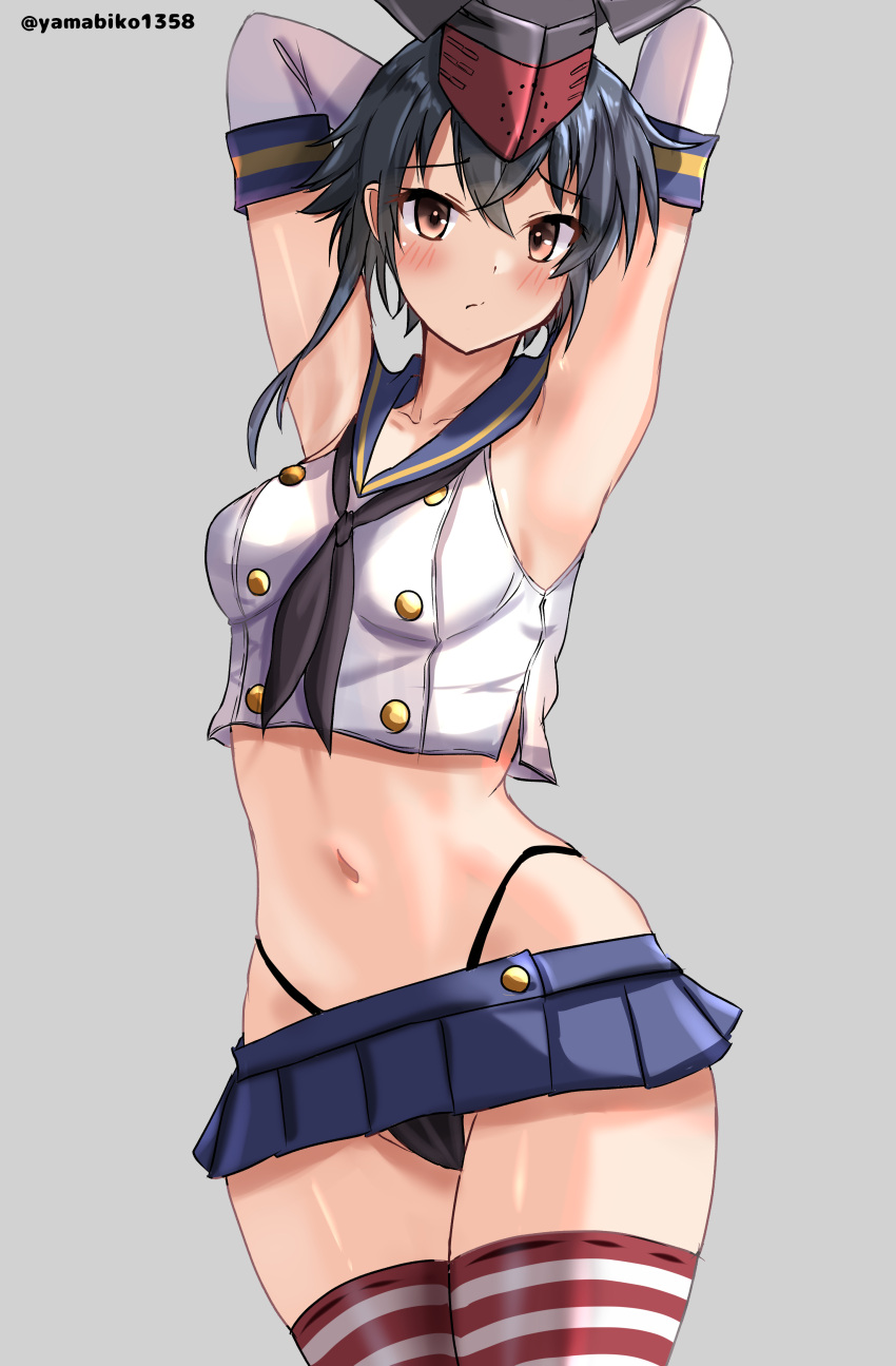 1girl absurdres armpits arms_behind_head arms_up asymmetrical_hair black_hair black_neckerchief black_panties blue_sailor_collar blue_skirt breasts cosplay crop_top elbow_gloves gloves hair_between_eyes highleg highleg_panties highres i-14_(kancolle) kantai_collection looking_at_viewer microskirt mizuki_(uzuki_no_sato) navel neckerchief panties pleated_skirt sailor_collar shimakaze_(kancolle) shimakaze_(kancolle)_(cosplay) short_hair skirt small_breasts solo striped_clothes striped_thighhighs thighhighs thong underwear white_gloves