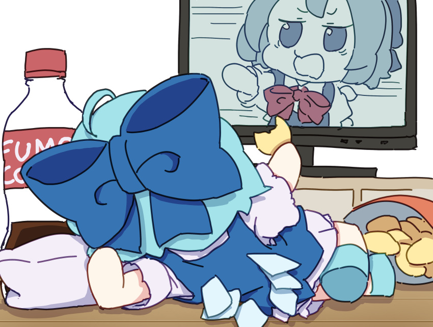 1girl absurdres ahoge bag_of_chips blue_bow blue_dress blue_footwear blue_hair bottle bow cirno cola dress fairy fumo_(doll) hair_bow highres ice ice_wings indoors kame_(kamepan44231) shirt shoes short_hair short_sleeves solo television touhou white_shirt wings